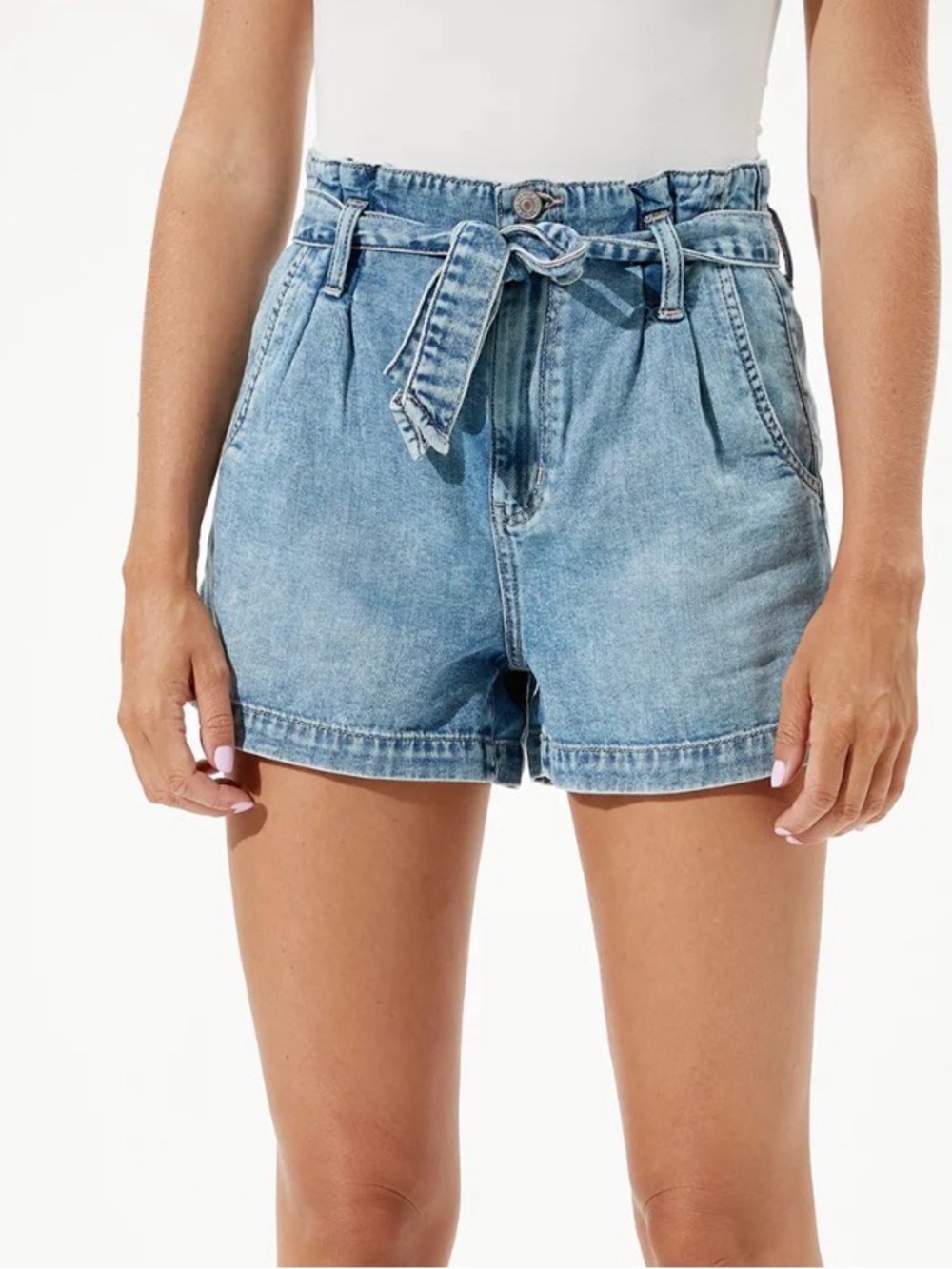 American Eagle Mom Short 4 High Rise Belted Denim Shorts Blue Paperbag
